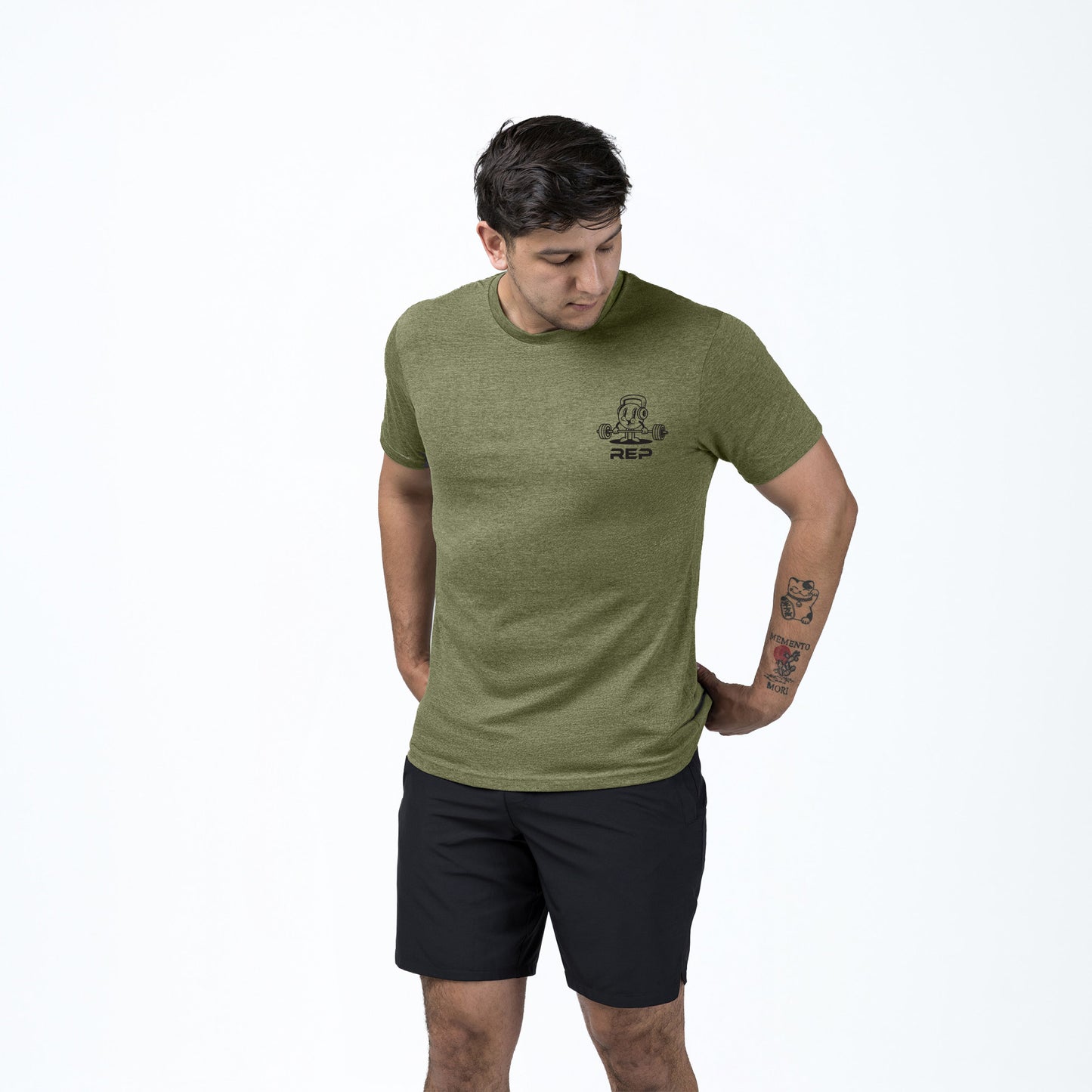 Athlete wearing the REP fitness Deadlift Party Tri-Blend Crew T-Shirt in Heather Olive/Black
