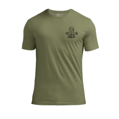 The REP Fitness Deadlift Party Tri-Blend Crew T-Shirt in Heather Olive/Black front