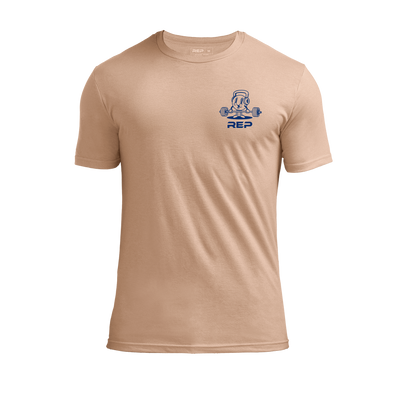 The REP Fitness Deadlift Party Tri-Blend Crew T-Shirt in Heather Peach/Blue front