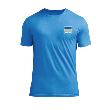 Blue t-shirt with a logo on the chest against a white background