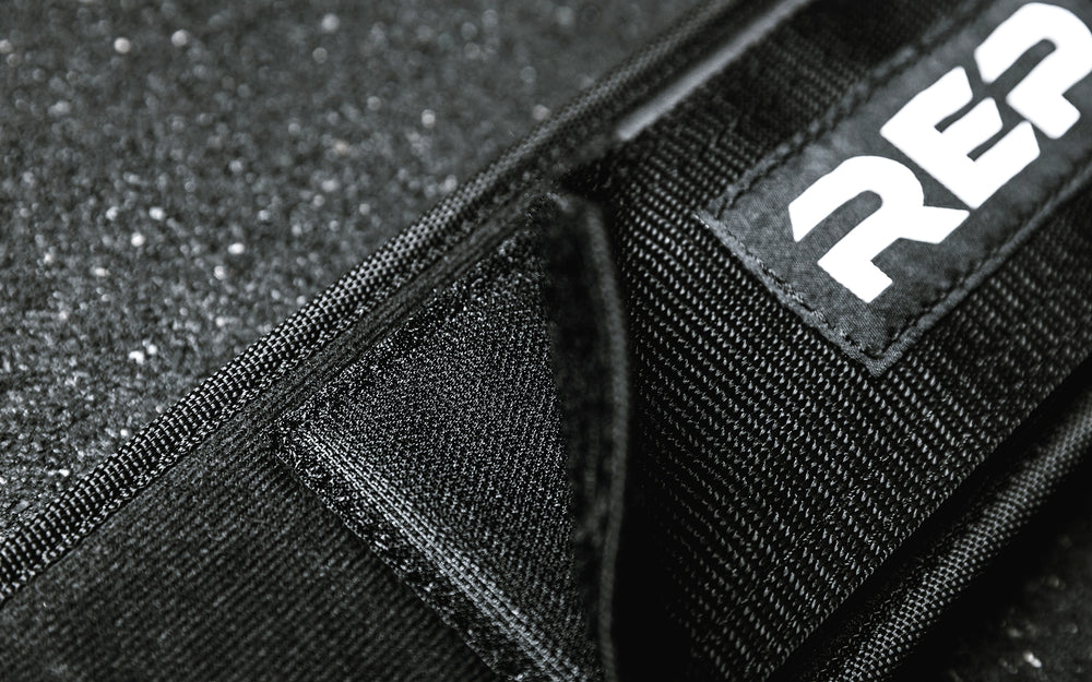 Close-up view of the hook-and-loop fastener on the REP Nylon Lifting Belt.