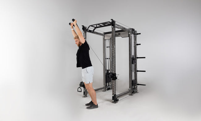 Athena Selectorized Side-Mount Functional Trainer Dual Side Shown on Clear Coat PR-5000 Power Rack Being Used For Tricep Extensions