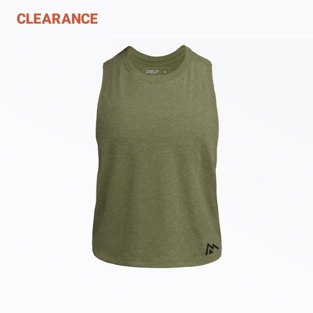 REP Women's Peak Cropped Dual-Blend Tank in Olive with a Black graphic