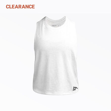 REP Women's Peak Cropped Dual-Blend Tank in White with a Black graphic
