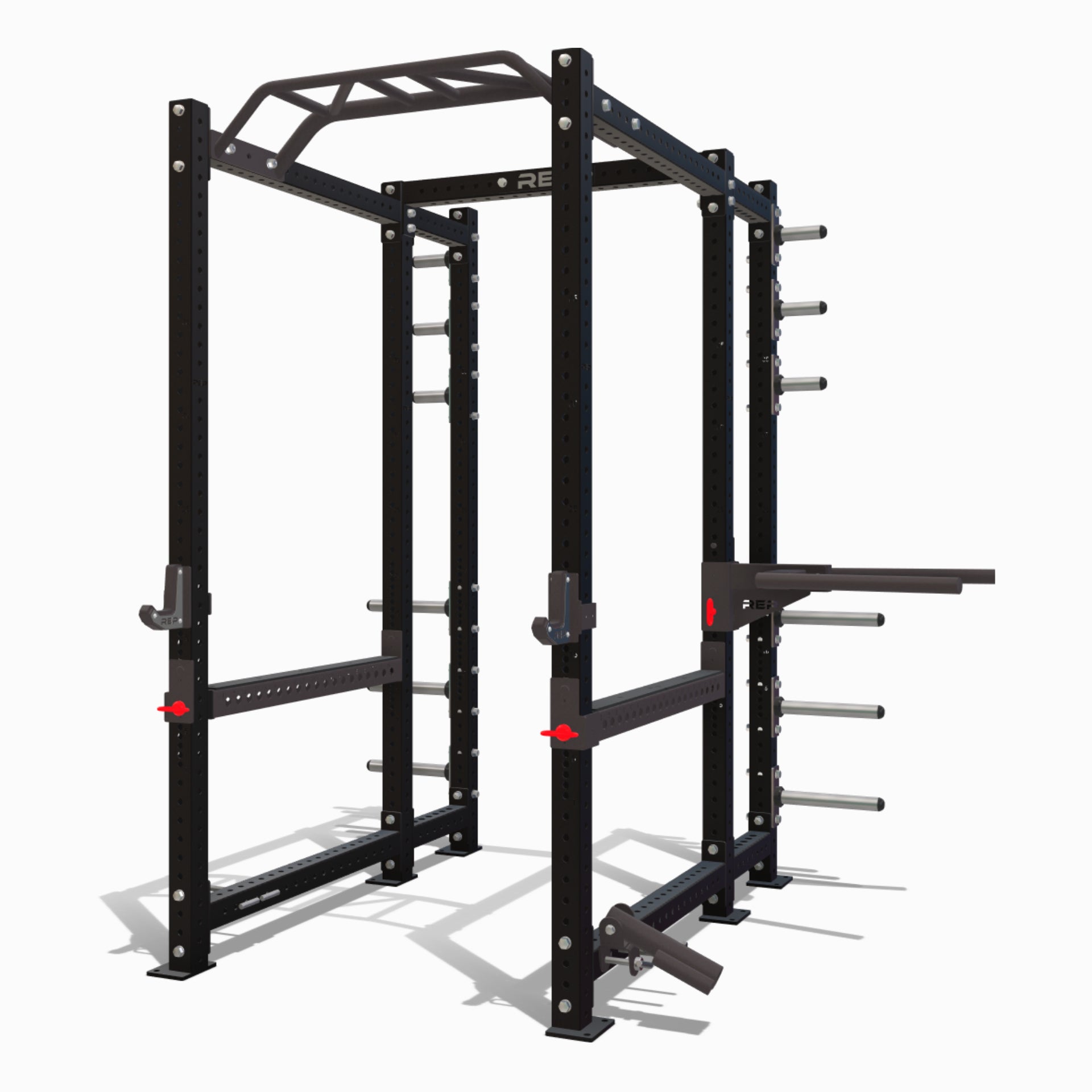 Pre-Selected High-End Attachment Package on PR-4000 Power Rack 6-Post. Includes Multi-Grip Pull-Up Bar, Flat Sandwich J-Cups, Flip-Down Safeties, Dip Station, Landmine Attachment, and Band Pegs.