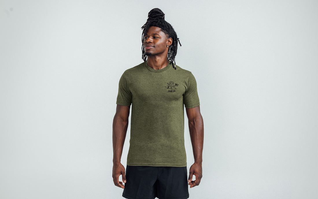 The REP Fitness Men's Liberty Bell Tri-Blend Crew T-Shirt in Heather Olive/Black front