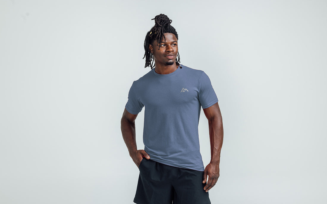 The REP Fitness Men's Peak Tri-Blend Crew T-Shirt in Heather Navy/Silver on body