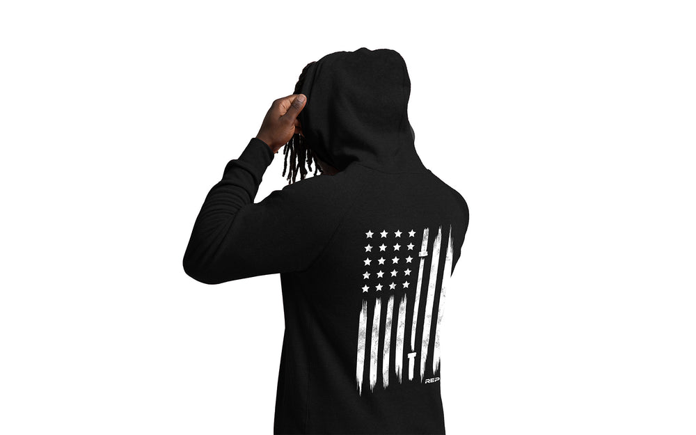 Man wearing Black Unisex USA Pull Over Hoodie