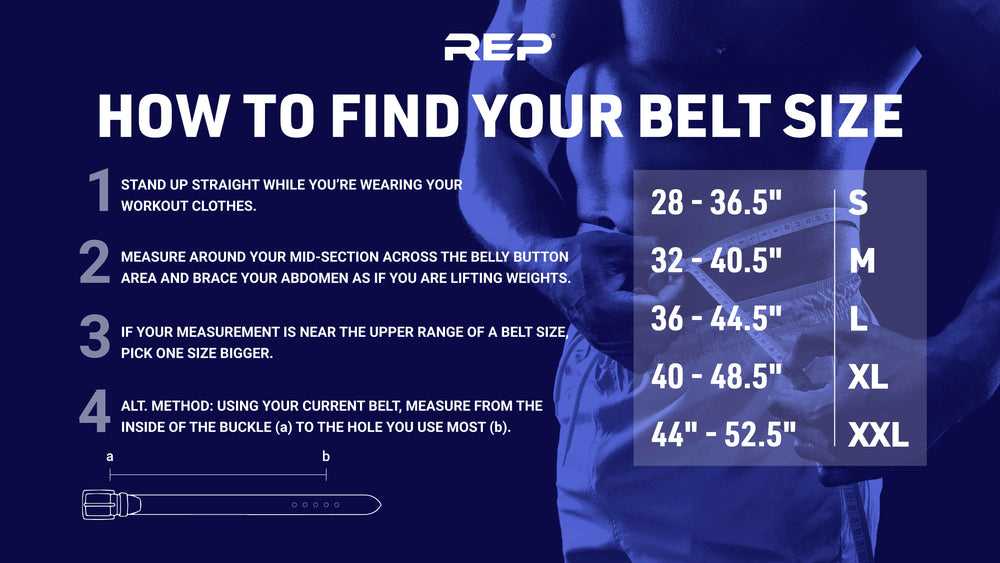 REP Nylon Lifting Belt sizing graphic.