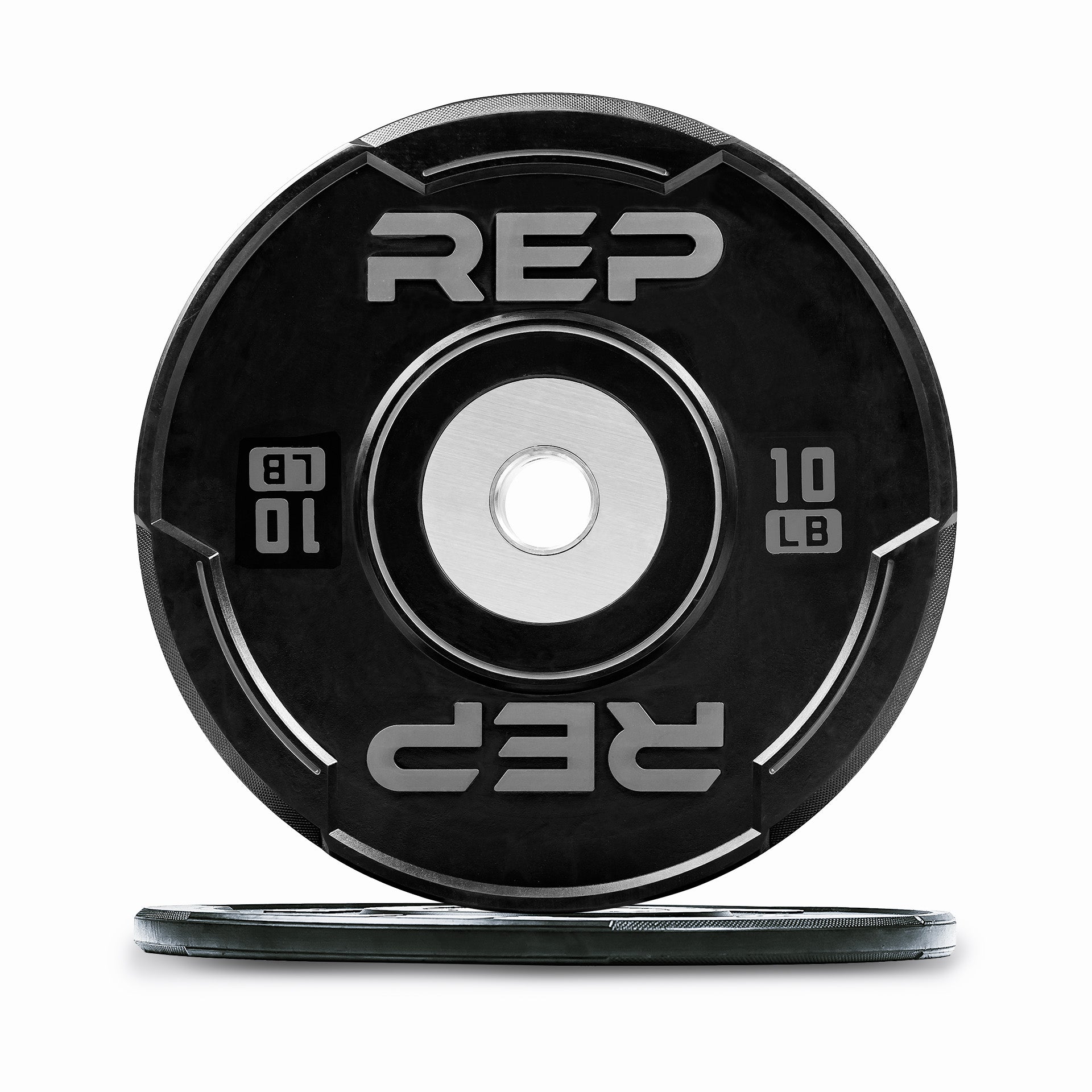 Studio-shot: Front and side profile of a gray 10 lb REP Sport Bumper Plate 2.0 on a white background