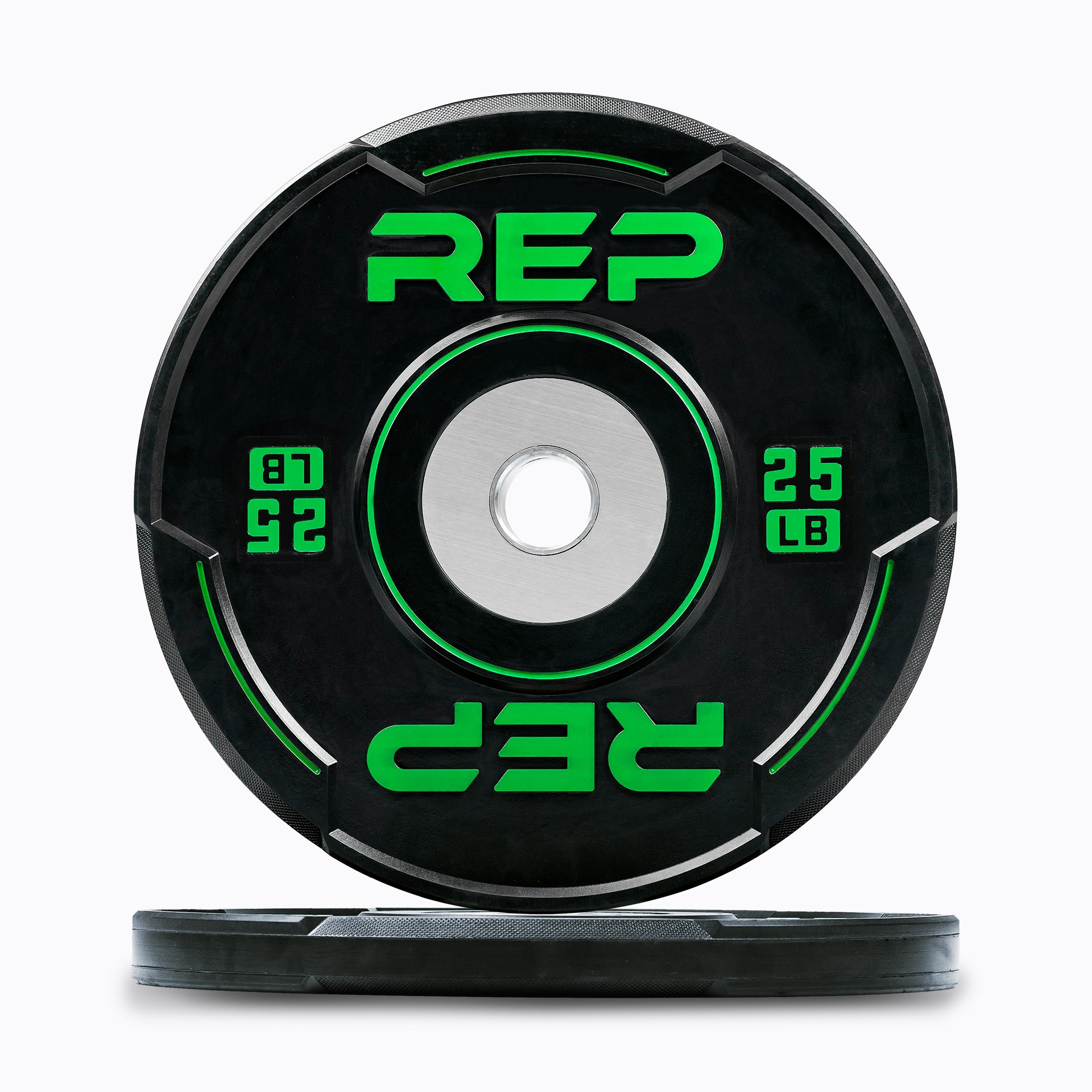 Studio-shot: Front and side profile of a green 25 lb REP Sport Bumper Plate 2.0 on a white background