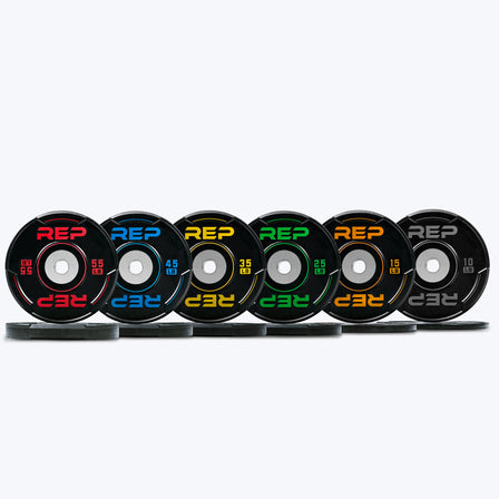 160lb Set: Front and side profiles of one pair of 45lb, 25lb, 10lb REP Sport Bumper Plate 2.0 on a white background