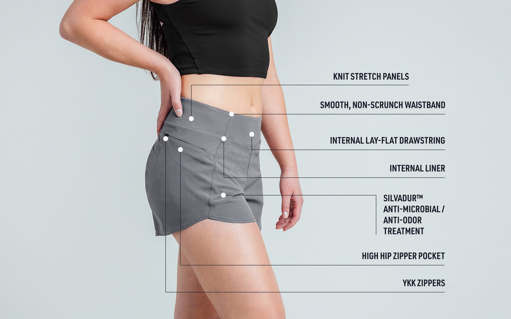 Feature showcase: Athlete wearing the Women’s Artemis Shorts in Cool Gray on a white background