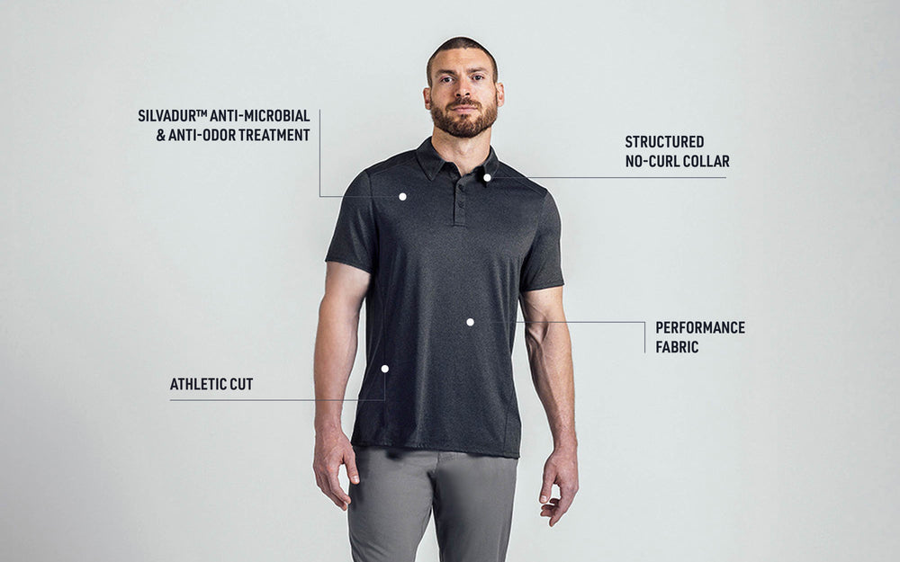 A front shot of an athlete wearing the REP Audax Polo in 
Heather Black. Tech callouts include Silvadur anti-microbial & anti-odor treatment, structured no-curl collar, athletic cut, and performance fabric.