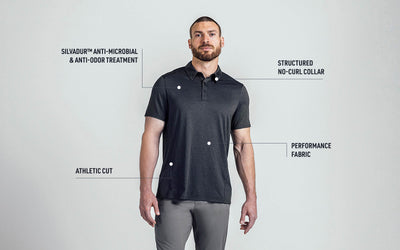 Tech callouts over an athlete wearing the REP Audax Polo in Heather Black