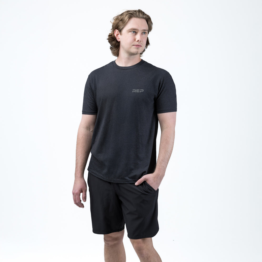 The REP Fitness REP Short-sleeve Tri-Blend Crew T-Shirt in Heather Black/Cool Gray on body