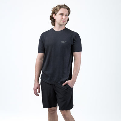 The REP Fitness REP Short-sleeve Tri-Blend Crew T-Shirt in Heather Black/Cool Gray on body