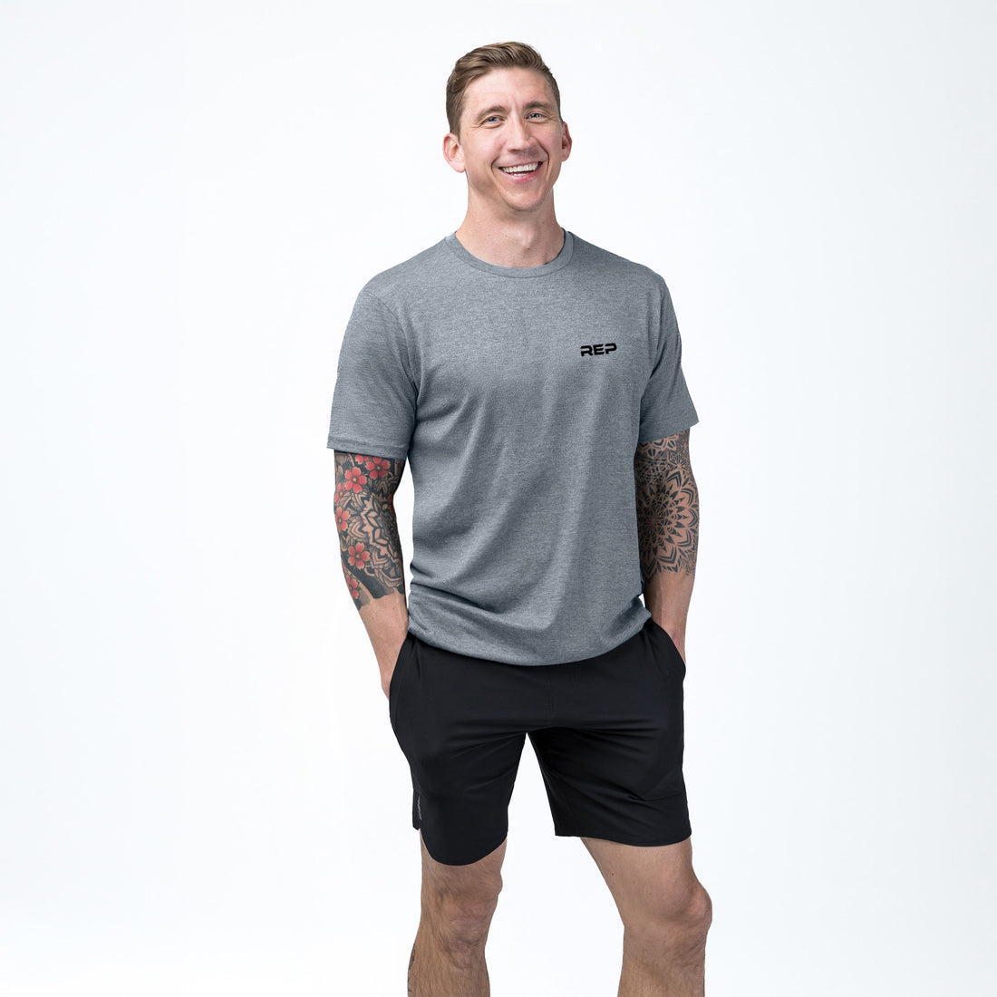 The REP Fitness REP Short-sleeve Tri-Blend Crew T-Shirt in Heather Flint/Black on body