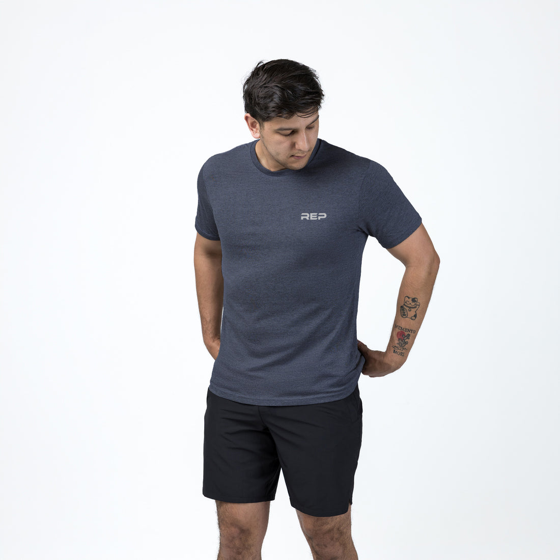 The REP Fitness REP Short-sleeve Tri-Blend Crew T-Shirt in Heather Navy/Silver on body