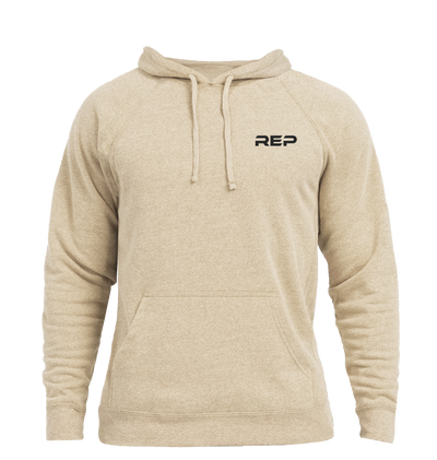 The REP Fitness Unisex USA Pull Over Hoodie in Heather Stone/Black front, flat lay