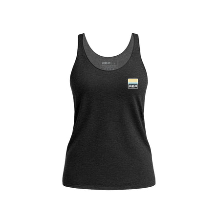 Women’s Rise Tri-Blend Tank in black with a logo on a white background