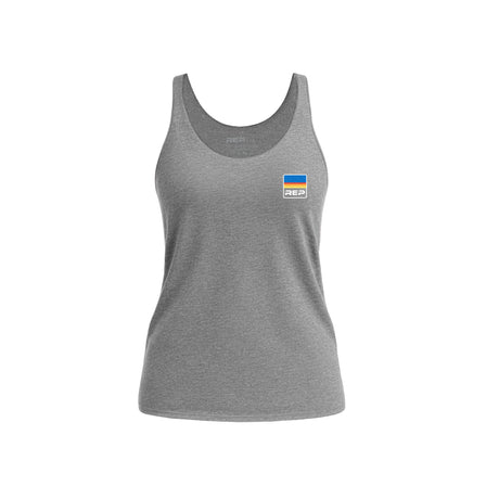 Women’s Rise Tri-Blend Tank in gray with a logo on a white background