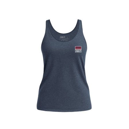 Women’s Rise Tri-Blend Tank in navy with a logo on a white background