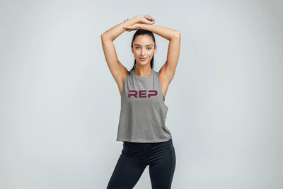 Woman wearing Heather Gray/Wine Daily Driver Cropped Dual-Blend Tank
