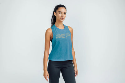 Woman wearing Teal/Aqua Gray Daily Driver Cropped Dual-Blend Tank