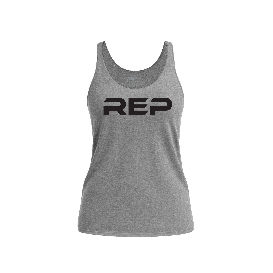 The REP Fitness Women's Daily Driver Tri-Blend Tank in Heather Gray/Black front