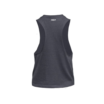 Back of Heather Navy/White Women's Peak Cropped Dual-Blend Tank showing REP logo
