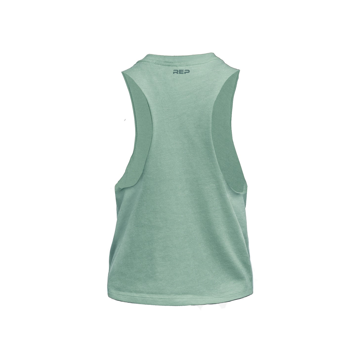 Back of Heather Sage/Sage Women's Peak Cropped Dual-Blend Tank showing REP logo