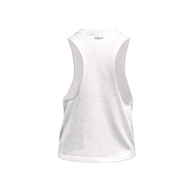 Back of White/Aqua Gray Women's Peak Cropped Dual-Blend Tank showing REP logo