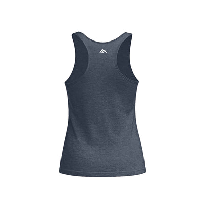 Women’s Rise Tri-Blend Tank in Indigo  with a logo on the back against a white background