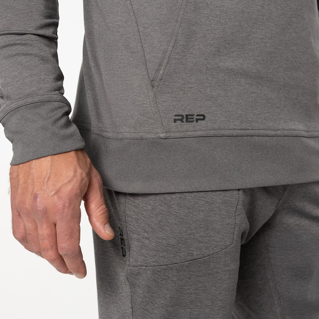 The REP Fitness Men's Apollo Hoodie in Heather Cool Gray pocket detail