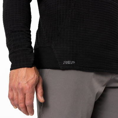 The REP Fitness Men's Stratix Hoodie in Black logo detail