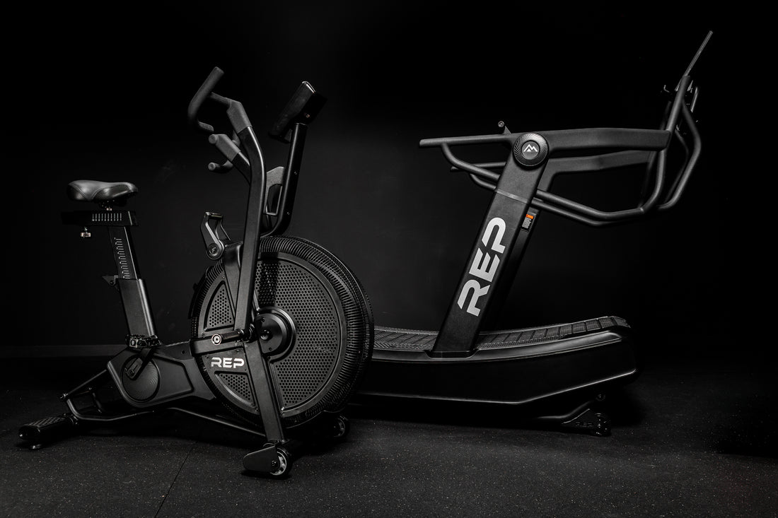 The REP Fitness Strive Air Bike and Strive Curved Treadmill