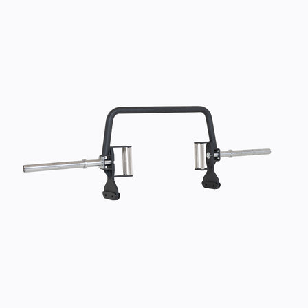 Open Trap Bar with wide handles standing vertically on its integrated deadlift jack.