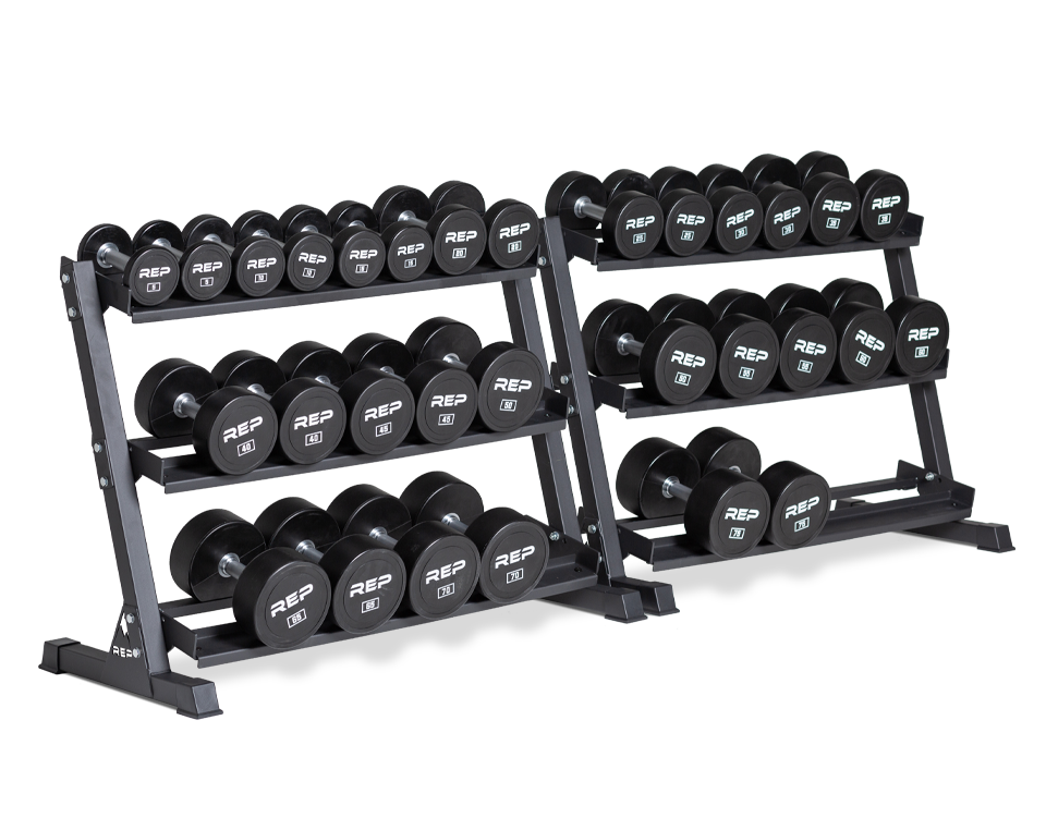 5-75lb Urethane Dumbbell Set stored on two REP Dumbbell Racks.