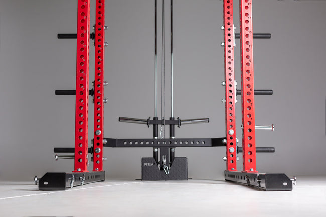 Omni Rack Close Up of Flat Foot Base, Rear Base Stabilizer, and Plate-Loaded Lat Pulldown & Low Row