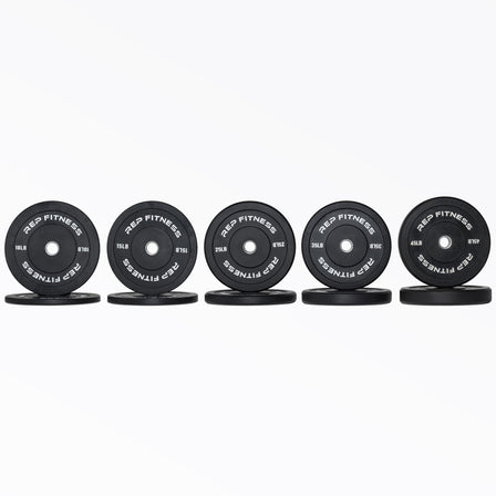 Full set of Black Bumper Plate Pairs: 10, 15, 25, 35, and 45lb pairs.