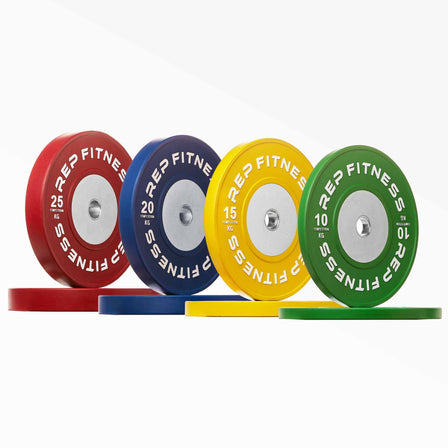 Set of Competition Bumper Plate (KG) Pairs: blue 20, yellow 15, and green 10kg pairs.