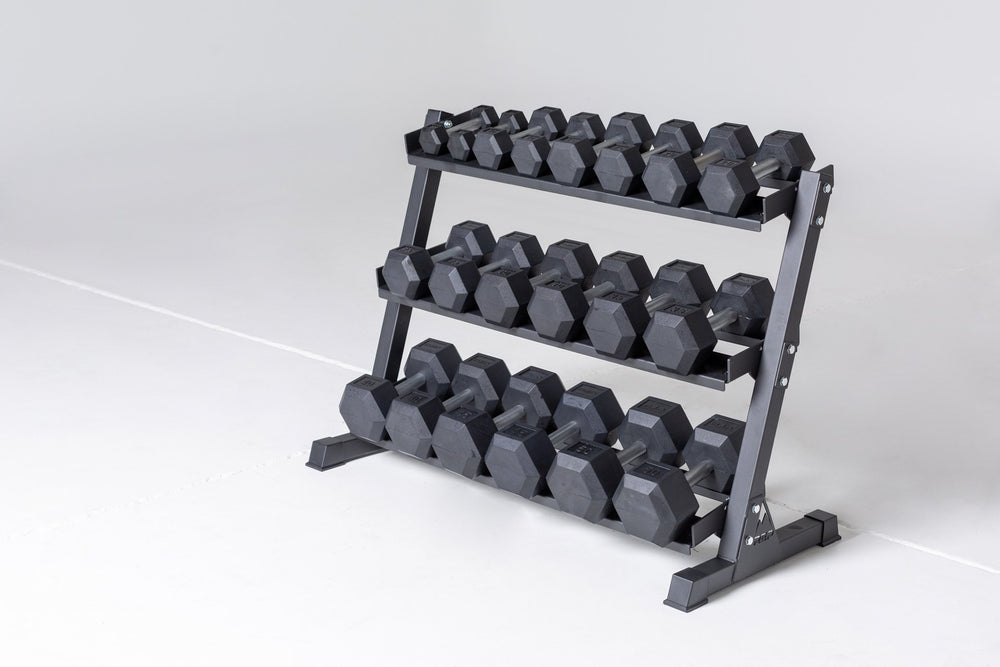 5-50lb Hex Dumbbell Set stored on a REP Dumbbell Rack.