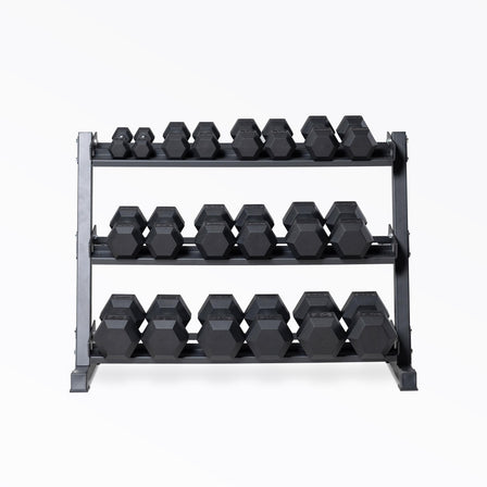 5-50lb Ergo Hex Dumbbell Set stored on a REP Dumbbell Rack.