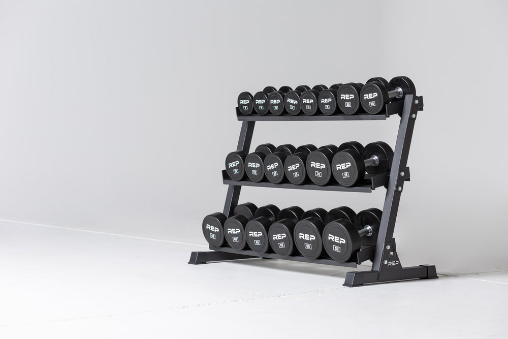 5-50lb Urethane Dumbbell Set stored on a REP Dumbbell Rack.