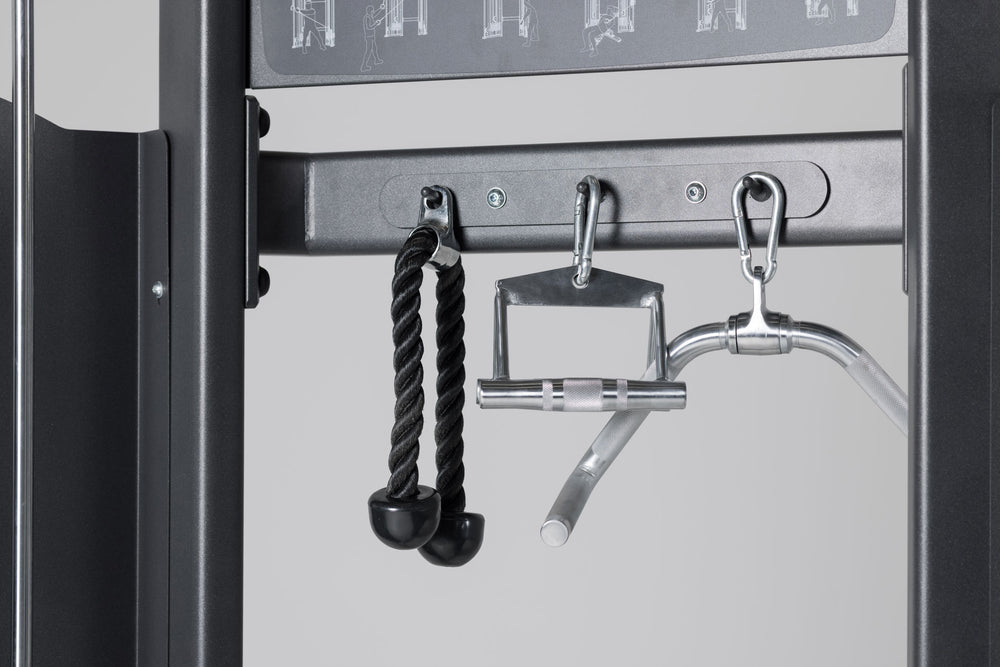 Triangle Row Cable Attachment Shown Hanging From Functional Trainer Storage