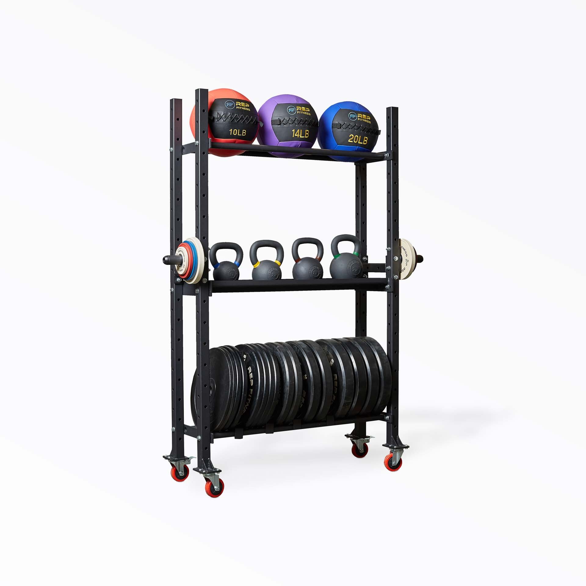 Preconfigured MSS Storage System 1 shown storing bumper plates, kettlebells, medicine balls, and change plates.