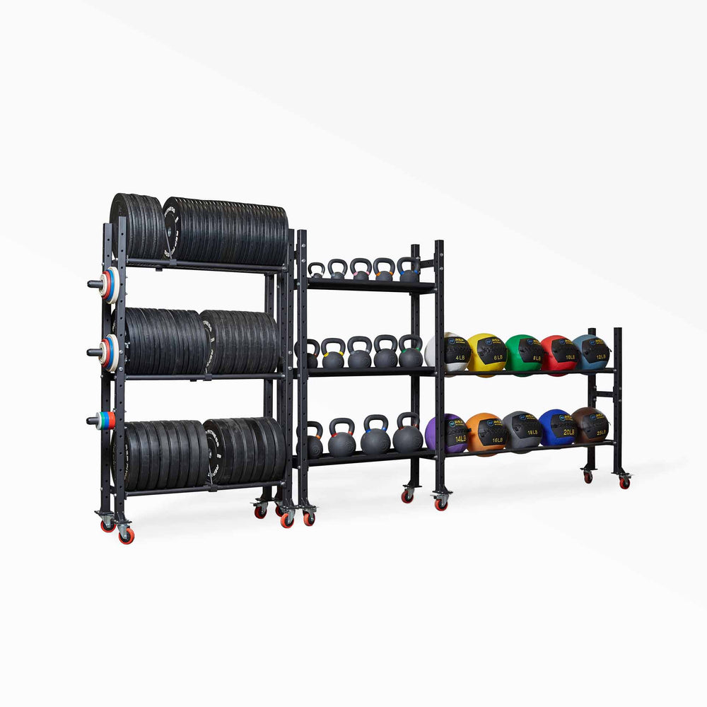 Preconfigured MSS Storage System 3 shown storing bumper plates, kettlebells, medicine balls, change plates, and other gym equipment.