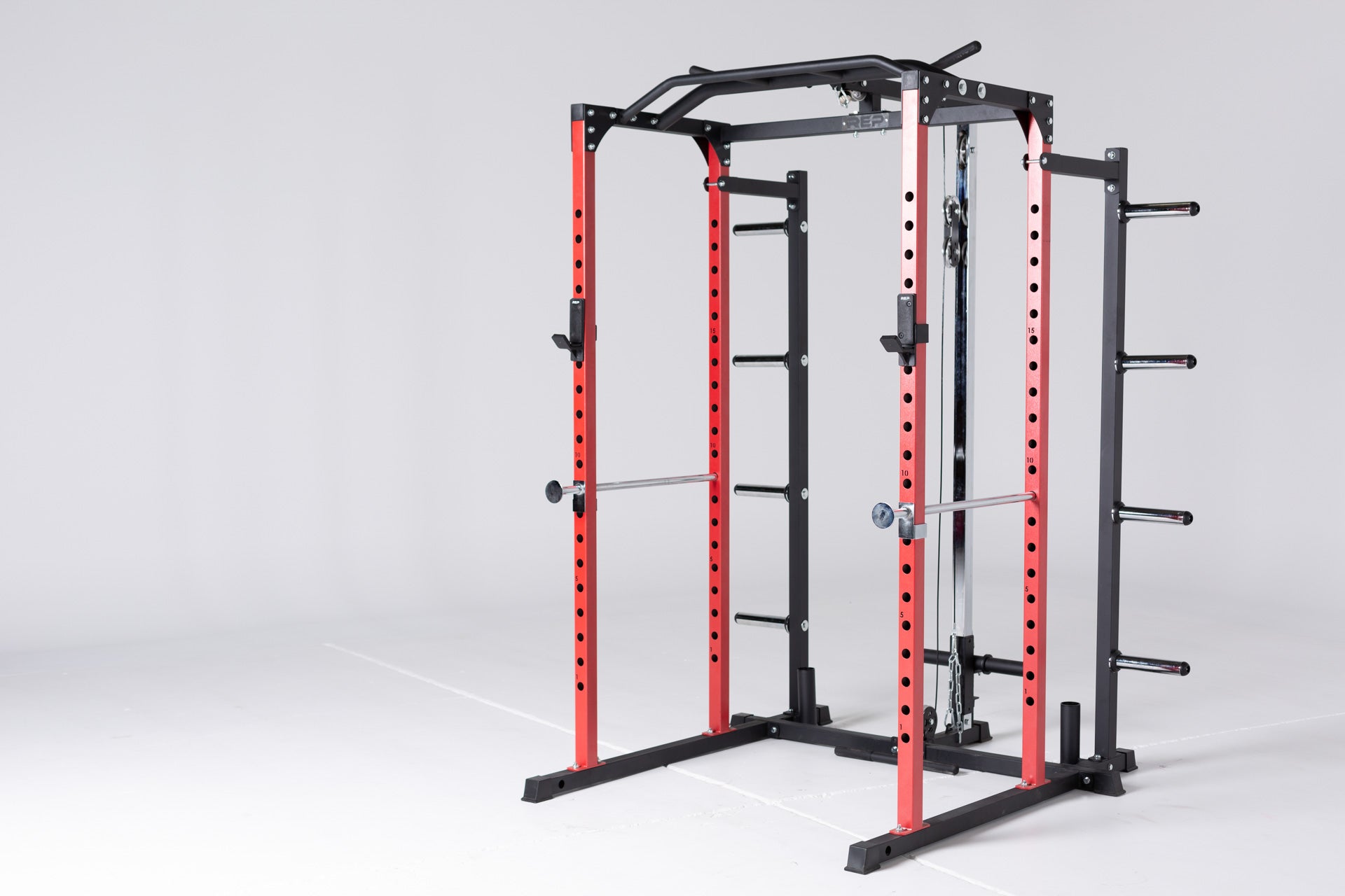 PR-1100 Power Rack Red With Lat Pulldown and Weight Storage