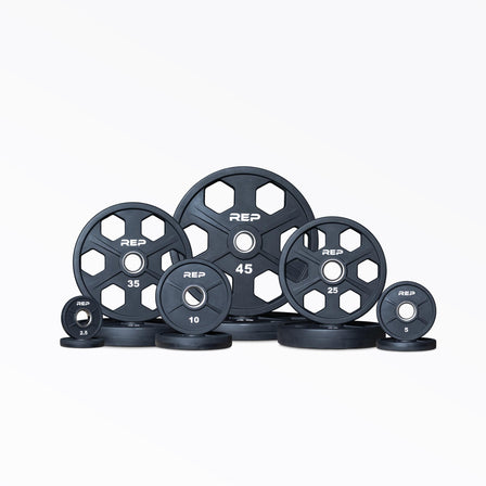 Full set of Urethane Coated Equalizer Plate Pairs: 2.5, 5, 10, 25, 35, and 45lb pairs.